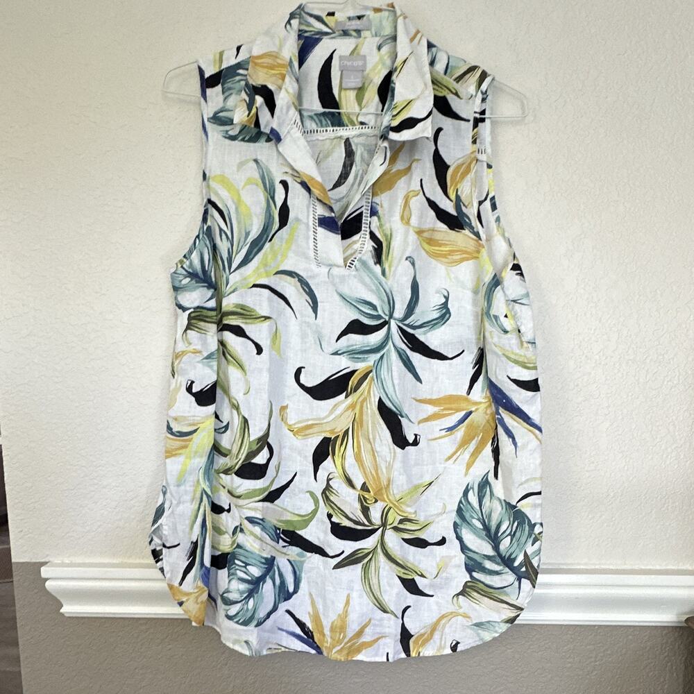 Chico's Women's Plus Size 18 Tropical Floral Linen Blend Sleeveless Top